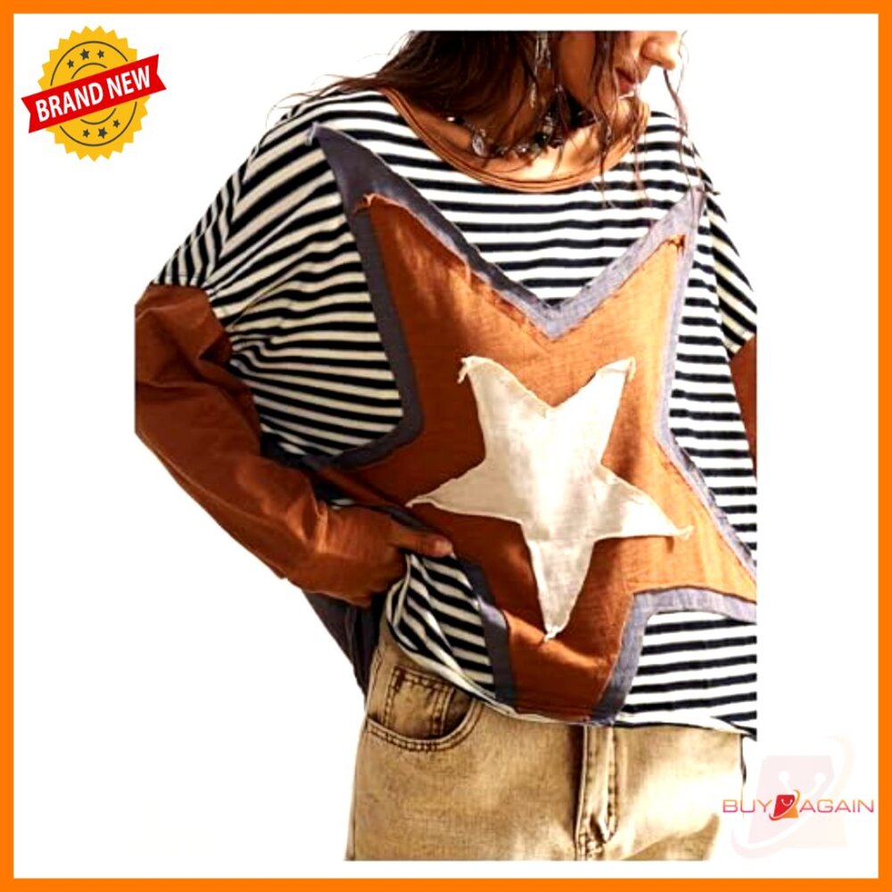 Striped Star Patchwork Crew Neck Drop Shoulder Ov… - image 5